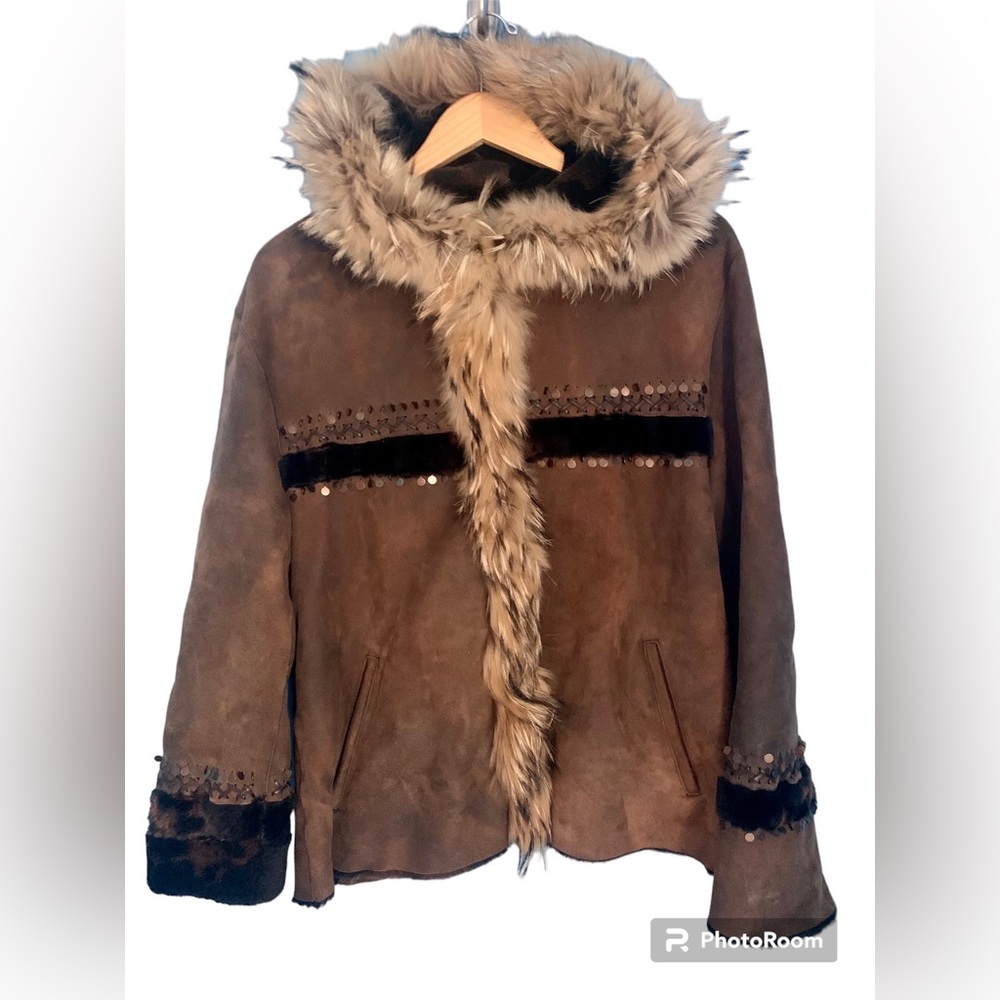 Sued Mod New York Shearling and Fox Fur Trim Hooded Jacket Coat Size S